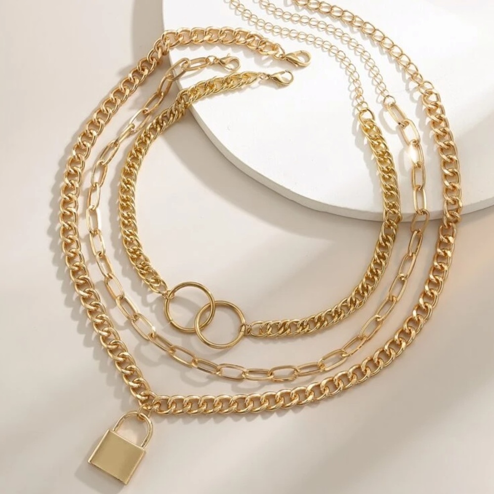 New set of 3 lock charm chain necklaces